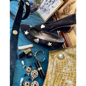 Vintage Suede Wedge Pumps: Black with Gold Stars, Size 8